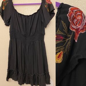 Feathers black embroidered Floral Off The Shoulder boho ruffle rayon dress L